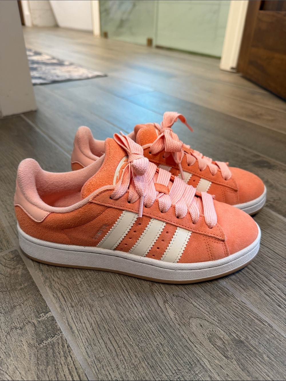 adidas Peach/Light Pink Suede Campus Sneakers with White Stripes